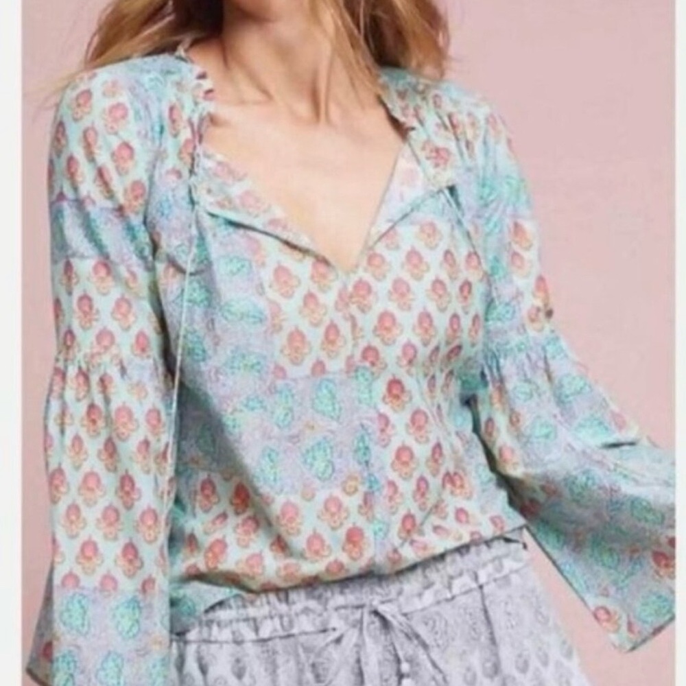Anthropologie Lilka Boho Paisley Top Large Mint Pink Tassels Peasant Relaxed Fit